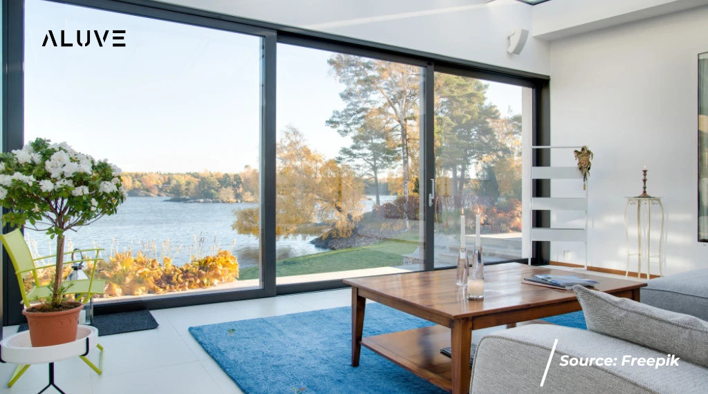 Desain Ruang Tamu Minimalis-Sofa Warna Gelap yang Senada dengan Pintu dan Jendela