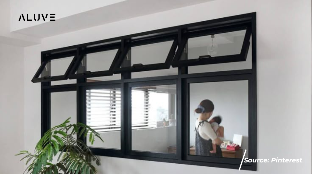 Jendela awning aluminium hitam untuk ventilasi ruangan