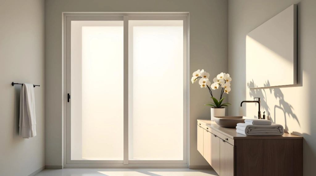 Pintu Geser Aluminium Minimalis dengan Kaca Frosted
