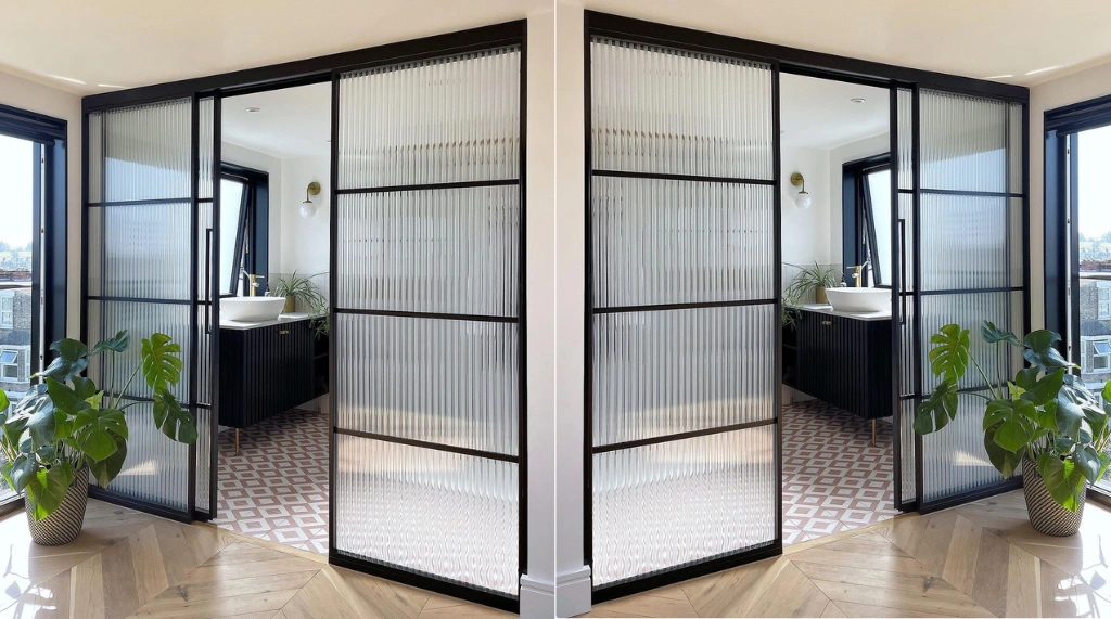 Pintu Kamar Mandi Sliding Kaca Fluted dengan Frame Hitam Minimalis