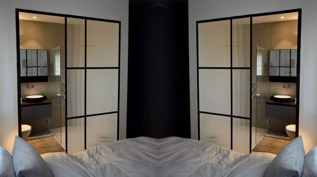 Pintu Kamar Mandi Sliding Kaca Transparan dengan Frame Slim Hitam