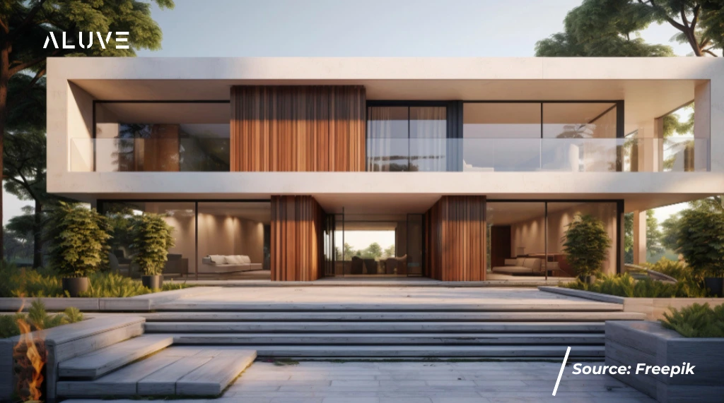 Rumah minimalis dengan warna dinding putih dan menggunakan pintu jendela aluminium warna hitam